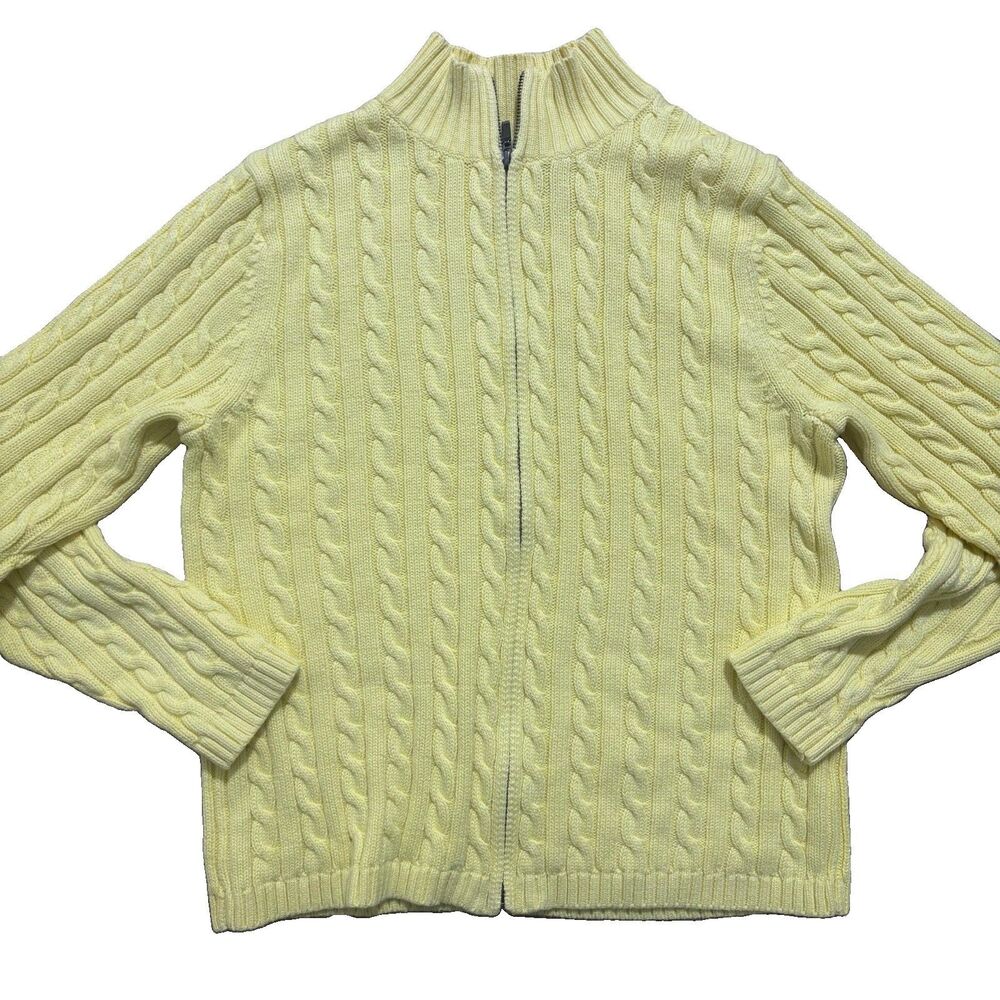 LL Bean Zip Up Cardigan Women’s Medium Butter Yellow Cable Knit Sweater Preppy